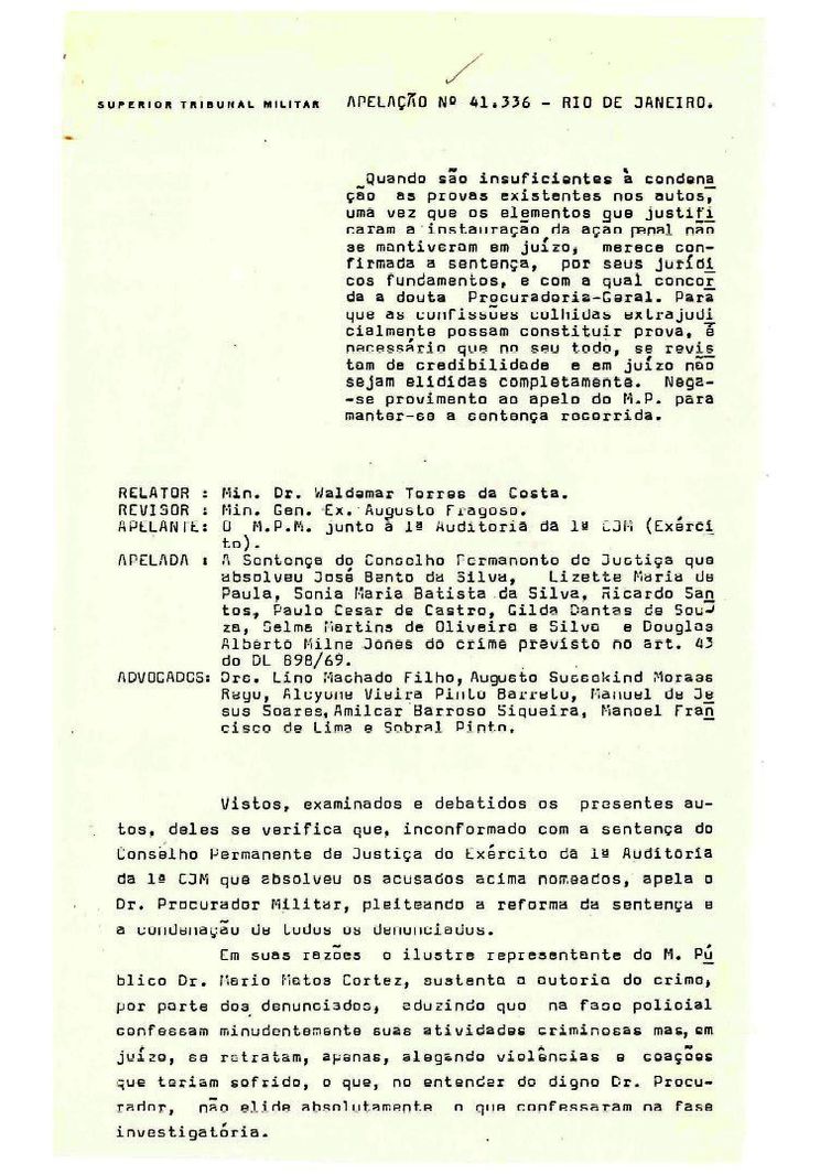 Rio de Janeiro (RJ) -  Áudios secretos do STM revelam novos casos de tortura na Ditadura Militar. Ministros ignoraram denúncia de violência sexual contra presa política. - Apelação STM 1977. - Foto: Reprodução