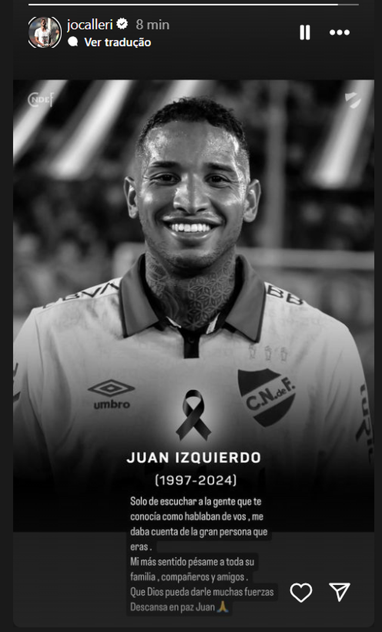 Condolências pela  morte de Juan Izquierdo prestadas por Calleri, jogador do São Paulo - em 28/08/2024